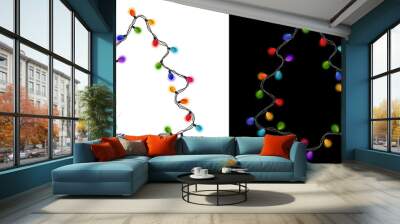 Christmas lights frame. Glowing lights banner christmas tree shape. Colorful christmas garlands frame. Red, yellow, green, plum, blue Christmas lights. Happy new year decor string lights. Cartoon ligh Wall mural