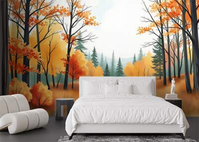 Beautiful view of the autumn forest in the morning. The leaves have turned yellow and red. digital landscape illustration. Wall mural