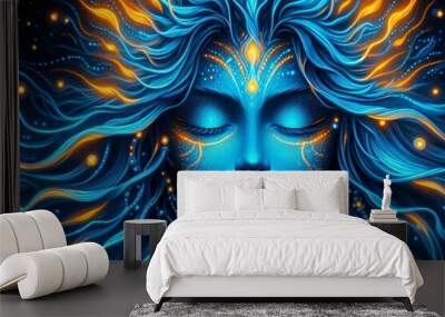 Image Indian goddess Kali Maa in orange and on dark blue colours. The face of the goddess Durga. Kali puja or Shyama puja is a religious festival of Hinduism. Happy Durga Puja Subh Navratri. Wall mural