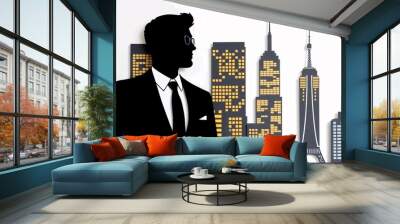 Stylish Businessman Posing Against a Colorful Cityscape Backdrop Wall mural