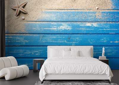 Blue weathered wood plank background with beach sand Wall mural