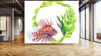 Watercolor drawing circle frame from curved ribbon algae and lionfish isolated on white background. Underwater illustration for stickers, logo, photoframe Wall mural