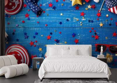 festive 4th of july decorations on a bright blue wooden background Wall mural