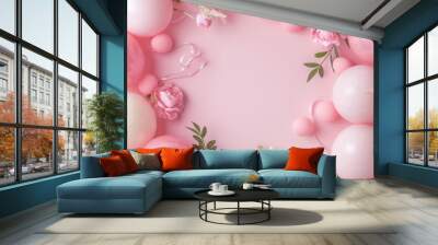 festive pink balloons with elegant flowers for celebration on pink background Wall mural