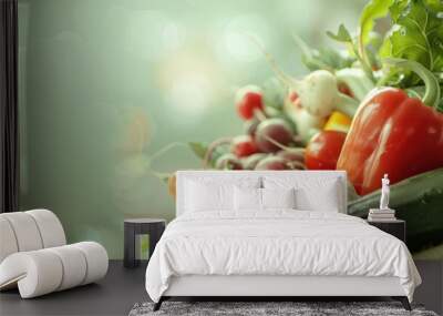 fresh vegetables on soft light gradient background with healthy eating concept, with copy space for text Wall mural