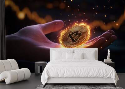 glowing bitcoin in hand, concept of digital currency Wall mural