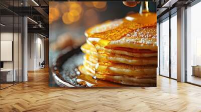 golden pancakes with honey drizzle and sparkling background Wall mural