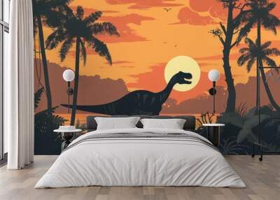 illustration of a dinosaur at sunset in prehistoric landscape Wall mural