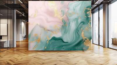 luxurious abstract ocean waves in pastel pink and green with gold flecks Wall mural