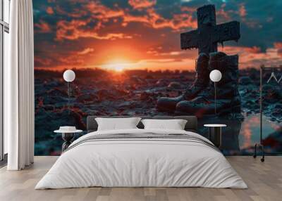 memorial day, poignant sunset over a battlefield cross made with soldier's boots and dog tags Wall mural