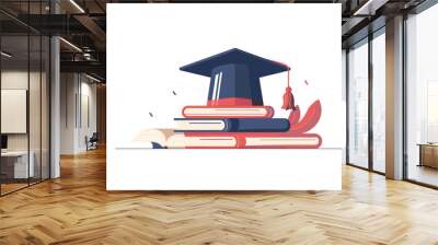 minimalist styled books and graduation cap illustration Wall mural