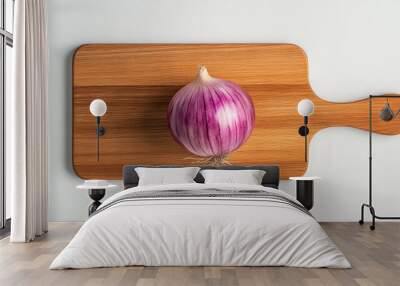 whole purple onion on wooden cutting board, culinary concept Wall mural