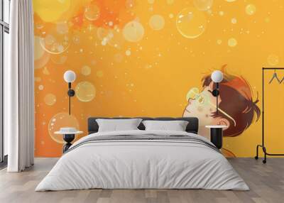 young boy in awe looking at magical floating bubbles on a vibrant orange background Wall mural