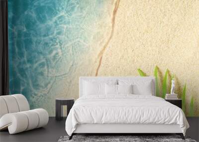 Beautiful beach with white sand palm leaf and clear blue sea. Top view Wall mural