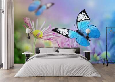 Beautiful blue butterfly and pink flowers. Summer and spring background Wall mural