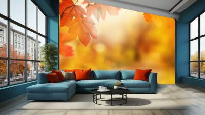 Falling yellow leaves and grass bokeh background with sun beams. Wall mural