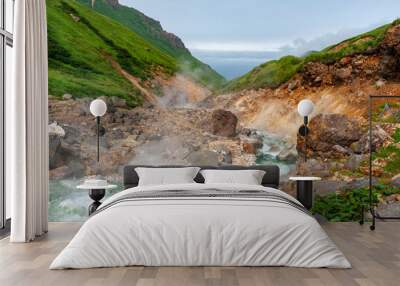 Mountain landscape at Paramushir Island, Kuril Islands, Russia. The Yurievskie hot springs Wall mural