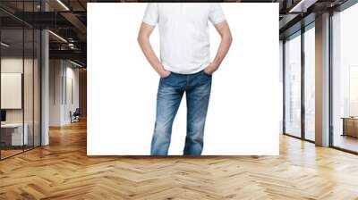 Smiling man in white t-shirt and jeanse isolated on white backgr Wall mural