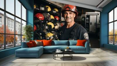 Portrait of a firefighter in uniform. Wall mural