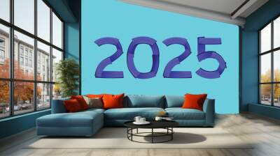 2025 Happy New Year Wood Typography Design Purple Abstract Vector Illustration With Cyan Background Wall mural