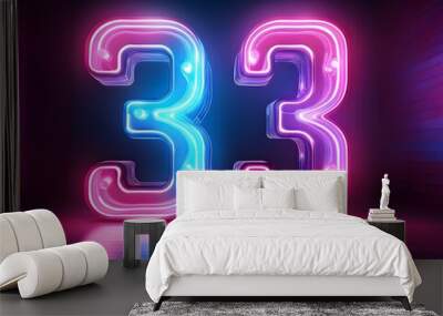 3d neon light number 33 glowing in the dark, pink blue neon light	
 Wall mural