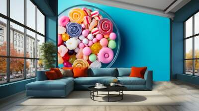 Different colored round candy in bowl and jars. Top view Wall mural