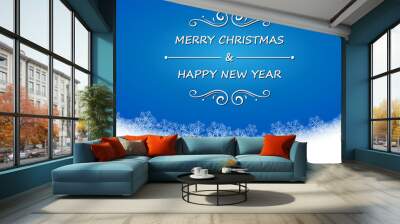 Merry Christmas and Happy new year text on blue background with snowflake on snow , backdrop illustrator vector holiday Wall mural