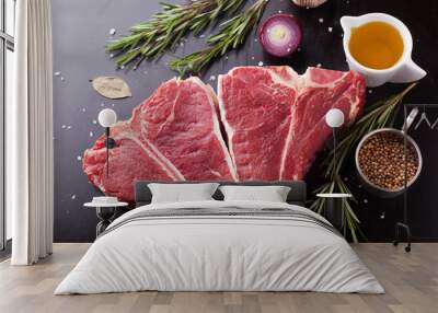 Raw fresh meat t-bone steak with spices, garlic and rosemary Wall mural