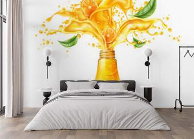 Realistic orange juice splash with mint leaves. Splashingjuice motion with green leaves for package design. Vector juicy wave, flowing liquid. Fresh sweet drink flow from glass bottle Wall mural