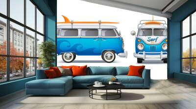 Realistic retro bus with surfboard. Summertime poster with vintage van, beach party poster vector design. Blue 3d vehicle for travel and surfing. Classic wagon car for summer holiday Wall mural