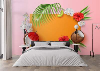 Summer banner with realistic tropical flowers, leaves and fruits. Vector hibiscus, white orchid and coconut cocktails on orange frame background. Holiday party, summer vacation design. Wall mural