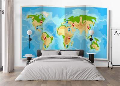 Vector folded world map destination pointer pins Wall mural