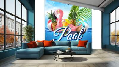 Vector summer pool party tropical leaf flamingo Wall mural