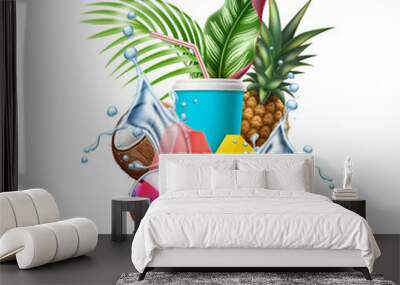 Vector summer pool party tropical leaf sunglasses Wall mural