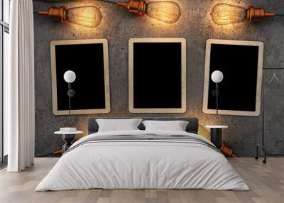 Old photos on concrete background with retro light bulbs. 3D rendering Wall mural