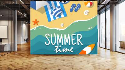 Aerial view of summer beach. Background tamplate with text summer time. Vacation on the tropical seaside. Holiday on sea sand. Concept for poster and other promotional material. Vector illustration. Wall mural