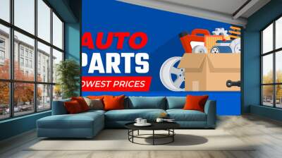 Cardboard with car parts. Various auto accessories. Concept for shop. Vector illustration in flat style Wall mural