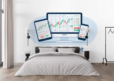 Stocks market graph chart on computer screen, tablet and phone. Technical analysis candlestick chart. Global stock exchanges index. Forex trading concept. Trading strategy. Vector illustration Wall mural