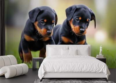 Two Doberman puppies energetically play with each other on a grassy field, capturing a candid and joyous moment of innocence. Wall mural