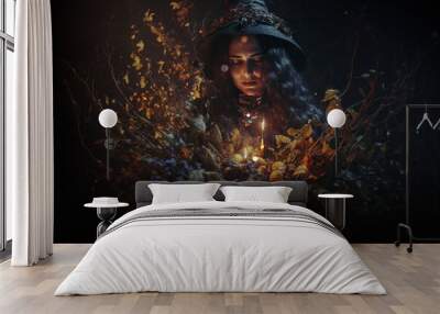 Green witch with magic flowers, witchcraft magic wallpaper AI Generated Wall mural