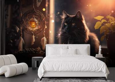 Mystery black cat with dreamcatcher, witchcraft magic light wallpaper AI Generated Wall mural