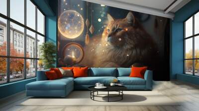 Mystery red cat with dreamcatcher, witchcraft magic light wallpaper AI Generated Wall mural