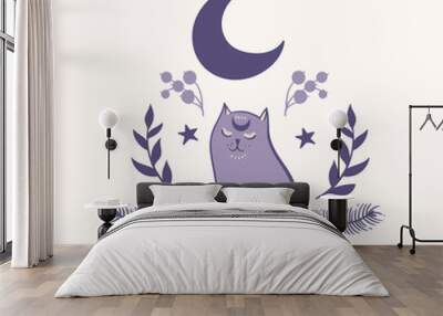 Vector magic symbols with a cat and moon. Wall mural