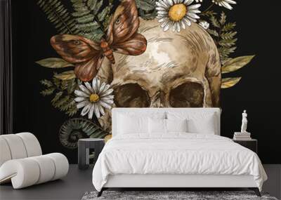 Vintage floral skull with moth, chamomile  and fern. Mystery skull engraving hand-drawn illustration Wall mural