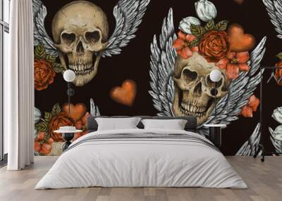 Vintage love floral skull seamless pattern with angel wings Wall mural