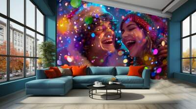 Joyful celebration of a festive holiday gathering with friends in colorful attire during a cheerful evening Wall mural