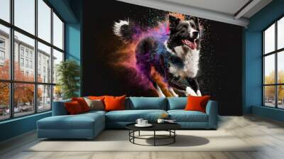 Border collie running through colorful powder. Generative Ai.   Wall mural