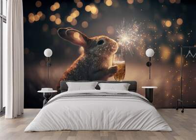 Cute little rabbit drinking from a champagne glass. Festive background for Chinese New Year. Wall mural