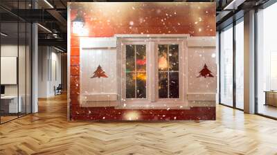 Defocused Christmas themed background with snowflakes. Christmas market theme.  Wall mural