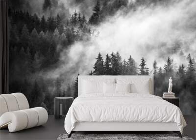 Dense morning fog in alpine landscape Wall mural